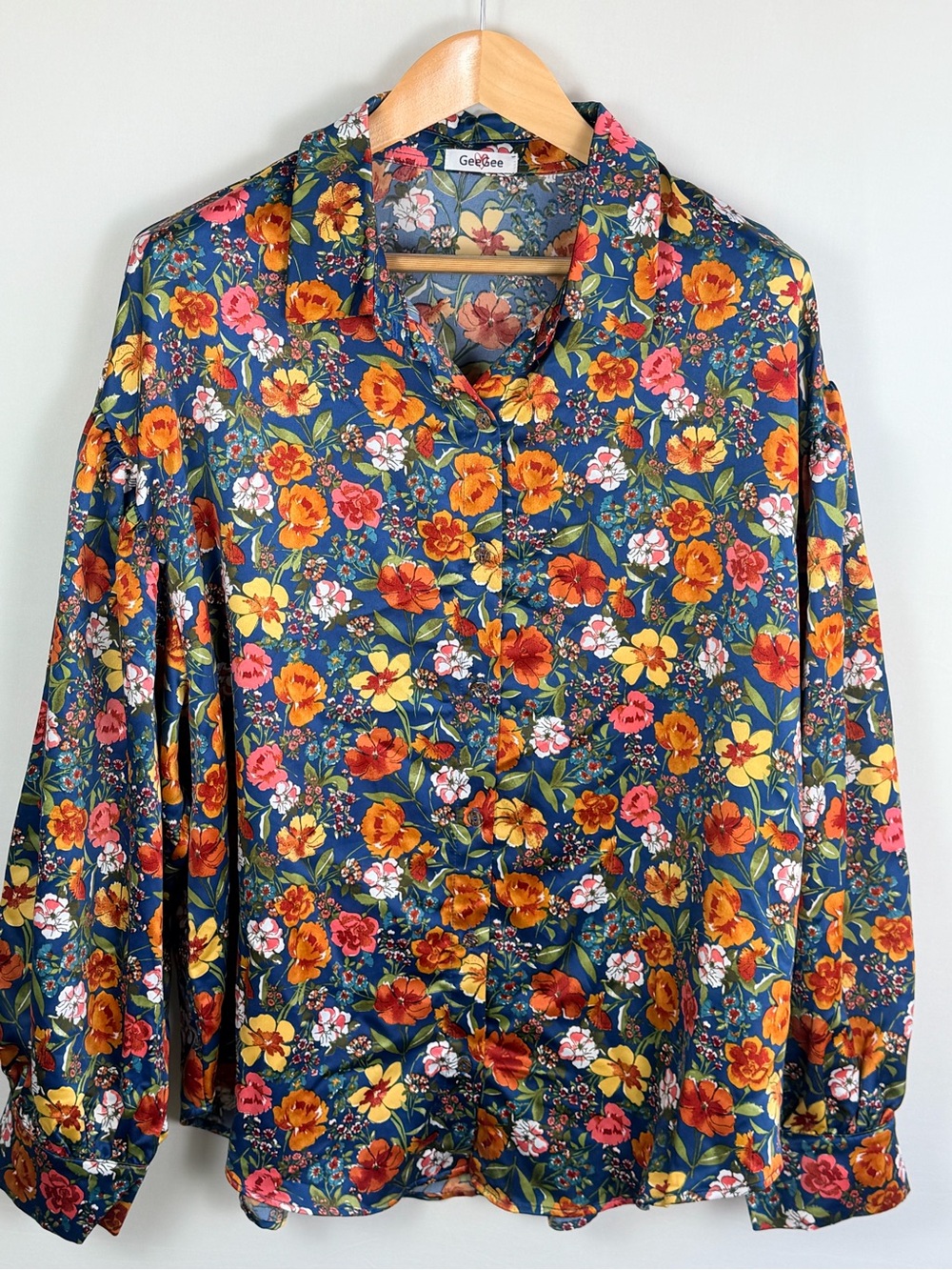 GeeGee Floral Button Front Blouse 2X Blue Orange Cottagecore